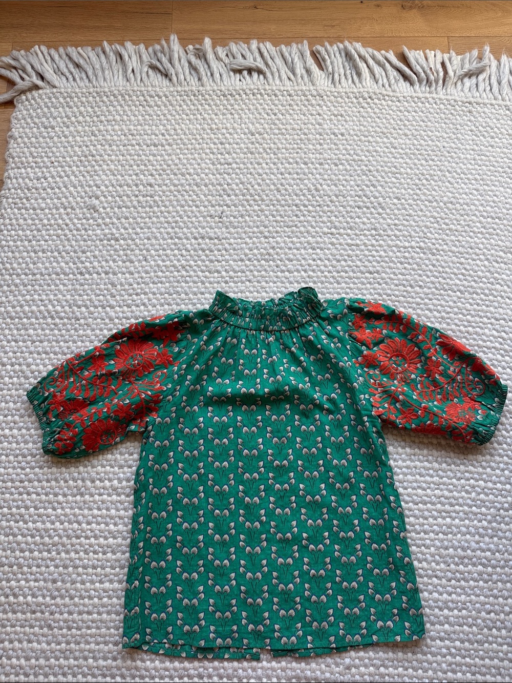 THML Green Top with Red Floral Embroidered Puff Sleeves